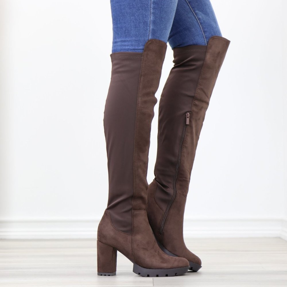 Brown Thigh High Over The Knee Lug Block Heel Boots Faux Suede Round Toe - Picture 3 of 16